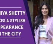Athiya Shetty is paired with Nawazuddin Siddiqui in their upcoming film Motichoor Chaknachoor. Athiya was spotted in the city and she opted for a lavender pantsuit over a white crop top and a pair of white sports shoes. The actress looked all things pretty as she left her hair open and further styled her look folding her sleeves. Currently, she is super busy promoting her upcoming movie that is slated to hit the screens on 15th of November.