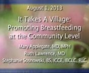 Originally webcast on Thursday, August 1, 2013nnSpeakers:nnStephanie Sosnowski, BS, ICCE, IBCLC, RLCnMary Applegate, MD, MPHnRuth Lawrence, MDnnBreastfeeding is known to be the best source of infant nutrition and immunologic protection, and babies who are breastfed are less likely to become obese in later life and less likely to suffer from diabetes and asthma.Mothers, as well, receive benefits, with lower rates of breast and ovarian cancers.Although most mothers (75%) try to breastfeed, by