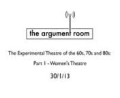 The Experimental Theatre of the 60s, 70s and 80s – a Profound Influence on our Culture today or Youthful Exuberance In Vain? (Part One: Womens Theatre)nnWith Clare Chapwell (Spare Tyre), Tash Fairbanks, Jane Boston, (Siren Theatre), Anna Furse (Goldsmiths University), Didi Hopkins, Claudia Boulton (Beryl &amp; the Perils)nn30 January 2013nnSubject areas:nn•tThe Association of Community Theatresn•tBeyond the Fragments Conferencen•tThe personal is political n•tPost-feminismn•tThe sitco