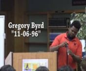 Greg Byrd (Class of 2015) reads a very personal poem at the 9th Annual MRHS Poetry Celebrationnn11-06-1996 (printed with permission)nEyes are opening, Heart’s pounding, soul, body, mind’s awakingnCutting the cord, the child’s on its own n9:23 birth time and woe is me, defying medical beliefsnBorn with coke and heroin in its veinsnOffspring produce through misguided young woman pursuit of love and older man perverted desiresnChild six one away from a miscarriage, older brother that drugs ne