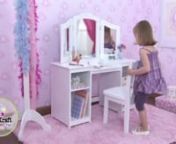 Item 13018 https://www.kidkraft.com/deluxe-vanity-and-chair-13018.htmlnnEvery young girl needs her very own vanity! Our Deluxe Vanity &amp; Chair lets girls see themselves from three different angles, and the shelves are perfect for storing makeup and dress-up clothes. If you’re going to get ready, you might as well get ready in style!n*One large mirror and two adjustable side mirrorsn*Four shelves for storing makeup, clothes, toys and moren*Matching white chair fits easily under the vanityn*M