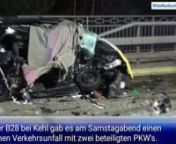 Am Samstagabend kam es auf der B28 in Höhe Graudenzer Straße in Kehl zu einem schweren Verkehrsunfall. Eine Person starb bei dem Unfall, eine andere Person wurde schwer verletzt.