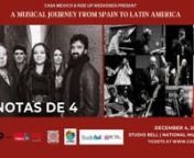 Casa Mexico and Riseup Weekends are very proud in presenting this unique musical concert with the participation of two phenomenal groups: Notas de 4 and The Calgary Latin Orchestra, who will be taking us into a musical journey from Spain to Mexico and Latin America.nnThe concert will take place on December 4 at 7pm at the National Music Centre. nnAbout Notas de 4nnNotas de 4 is SILVIA TEMIS (front woman, vocals, jaleos*, percussion, dance), JORGE VILLENA (guitar, vocals), ALEKSANDRA DANICIC (vio