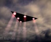 Dark Triangle UFO with lights flying against grey clouds. Triangular craft are the second most common type after flying saucers (there are also tubular or cigar-shaped craft reported).