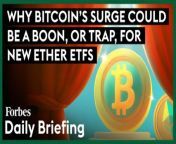 The crypto industry has long resisted having its tokens classified as securities. However, the success of bitcoin’s spot ETFs, could prompt issuers to break ranks depending on the SEC’s next move.&#60;br/&#62;&#60;br/&#62;Bitcoin is trading above &#36;60,000, up more than 167% in the last 12 months and more than &#36;7 billion has poured into the new bitcoin ETFs. The market is buzzing with anticipation for an ETF backed by bitcoin’s little brother ether, the native token associated with the Ethereum blockchain and used to create such things as NFTs. Ether has a market cap of more than &#36;400 billion, second only to Bitcoin, whose market cap exceeds &#36;1.2 trillion. In May, the SEC will likely pass final judgment on nine spot ether ETF applications. But unlike bitcoin’s decision day in early January, which seemed to be a fait accompli, ether’s outlook is far less certain.&#60;br/&#62;&#60;br/&#62;Read the full story on Forbes: https://www.forbes.com/sites/stevenehrlich/2024/03/01/why-bitcoins-surge-could-be-a-boon-or-trap-for-new-ether-etfs/?sh=1e9ab58d72f8&#60;br/&#62;&#60;br/&#62;Subscribe to FORBES: https://www.youtube.com/user/Forbes?sub_confirmation=1&#60;br/&#62;&#60;br/&#62;Fuel your success with Forbes. Gain unlimited access to premium journalism, including breaking news, groundbreaking in-depth reported stories, daily digests and more. Plus, members get a front-row seat at members-only events with leading thinkers and doers, access to premium video that can help you get ahead, an ad-light experience, early access to select products including NFT drops and more:&#60;br/&#62;&#60;br/&#62;https://account.forbes.com/membership/?utm_source=youtube&amp;utm_medium=display&amp;utm_campaign=growth_non-sub_paid_subscribe_ytdescript&#60;br/&#62;&#60;br/&#62;Stay Connected&#60;br/&#62;Forbes newsletters: https://newsletters.editorial.forbes.com&#60;br/&#62;Forbes on Facebook: http://fb.com/forbes&#60;br/&#62;Forbes Video on Twitter: http://www.twitter.com/forbes&#60;br/&#62;Forbes Video on Instagram: http://instagram.com/forbes&#60;br/&#62;More From Forbes:http://forbes.com&#60;br/&#62;&#60;br/&#62;Forbes covers the intersection of entrepreneurship, wealth, technology, business and lifestyle with a focus on people and success.