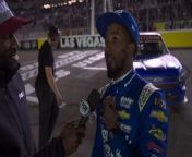 Rajah Caruth shares his emotions after his first national series victory in the Truck Series at Las Vegas Motor Speedway.