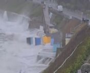 Shocking footage shows beach huts being blown into the sea during Storm Pierrick.&#60;br/&#62;&#60;br/&#62;Huge waves and battering winds in Cornwall have washed newly painted huts on Castle Beach, Falmouth, into the ocean.&#60;br/&#62;&#60;br/&#62;Falmouth Coastguard had issued a warning for strong winds, tides and storm surges and a Met Office yellow weather warning was in place.&#60;br/&#62;&#60;br/&#62;The video, taken by local resident Stacey Lewin at 6:40pm last night, shows at least two colourful beach huts being swept away into the ocean.&#60;br/&#62;&#60;br/&#62;Stacey, who only lives moments away from the dramatic scene, said: &#92;