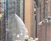 A huge jet of water spewed from a New York City high rise on Thursday morning.&#60;br/&#62;&#60;br/&#62;Footage posted to the Citizen social media app showed the massive jet of water bursting from a building in Hell’s Kitchen, on West 42nd Street and 8th Avenue, just before noon.&#60;br/&#62;&#60;br/&#62;FDNY told the New York Post they were responding to a water leak and that no injuries had been reported.&#60;br/&#62;&#60;br/&#62;According to a post on Citizen the water had been turned off by around 12:15pm, indicating the leak lasted for around 25-30 minutes.