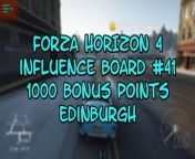 This video from FORZA HORIZON 4 and is for those of us that like to find and collect things. In this video, we will find my 41st INFLUENCE BOARD to destroy and this one was good for 1000BONUS POINTS and it was located in the CITY of EDINBURGH.