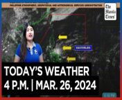 Today&#39;s Weather, 4 P.M. &#124; Mar. 26, 2024&#60;br/&#62;&#60;br/&#62;Video Courtesy of DOST-PAGASA&#60;br/&#62;&#60;br/&#62;Subscribe to The Manila Times Channel - https://tmt.ph/YTSubscribe &#60;br/&#62;&#60;br/&#62;Visit our website at https://www.manilatimes.net &#60;br/&#62;&#60;br/&#62;Follow us: &#60;br/&#62;Facebook - https://tmt.ph/facebook &#60;br/&#62;Instagram - https://tmt.ph/instagram &#60;br/&#62;Twitter - https://tmt.ph/twitter &#60;br/&#62;DailyMotion - https://tmt.ph/dailymotion &#60;br/&#62;&#60;br/&#62;Subscribe to our Digital Edition - https://tmt.ph/digital &#60;br/&#62;&#60;br/&#62;Check out our Podcasts: &#60;br/&#62;Spotify - https://tmt.ph/spotify &#60;br/&#62;Apple Podcasts - https://tmt.ph/applepodcasts &#60;br/&#62;Amazon Music - https://tmt.ph/amazonmusic &#60;br/&#62;Deezer: https://tmt.ph/deezer &#60;br/&#62;Tune In: https://tmt.ph/tunein&#60;br/&#62;&#60;br/&#62;#TheManilaTimes&#60;br/&#62;#WeatherUpdateToday &#60;br/&#62;#WeatherForecast
