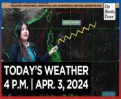 Today&#39;s Weather, 4 P.M. &#124; Apr. 3, 2024&#60;br/&#62;&#60;br/&#62;Video Courtesy of DOST-PAGASA&#60;br/&#62;&#60;br/&#62;Subscribe to The Manila Times Channel - https://tmt.ph/YTSubscribe &#60;br/&#62;&#60;br/&#62;Visit our website at https://www.manilatimes.net &#60;br/&#62;&#60;br/&#62;Follow us: &#60;br/&#62;Facebook - https://tmt.ph/facebook &#60;br/&#62;Instagram - Ahttps://tmt.ph/instagram &#60;br/&#62;Twitter - https://tmt.ph/twitter &#60;br/&#62;DailyMotion - https://tmt.ph/dailymotion &#60;br/&#62;&#60;br/&#62;Subscribe to our Digital Edition - https://tmt.ph/digital &#60;br/&#62;&#60;br/&#62;Check out our Podcasts: &#60;br/&#62;Spotify - https://tmt.ph/spotify &#60;br/&#62;Apple Podcasts - https://tmt.ph/applepodcasts &#60;br/&#62;Amazon Music - https://tmt.ph/amazonmusic &#60;br/&#62;Deezer: https://tmt.ph/deezer &#60;br/&#62;Tune In: https://tmt.ph/tunein&#60;br/&#62;&#60;br/&#62;#TheManilaTimes&#60;br/&#62;#WeatherUpdateToday &#60;br/&#62;#WeatherForecast