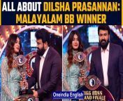 Dilsha Prasannan emerged as the winner of the 4th edition of Malayalam Bigg Boss and became the first female winner of the show. The actor-dancer was handed over the trophy after the grand finale which took place on Sunday, July 3rd. Host Mohanlal presented the trophy and ₹50 lakh cash prize to Dilsha at the finale. &#60;br/&#62; &#60;br/&#62;#DilshaPrasannan #MalayalamBiggBossWinner #BiggBoss