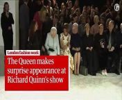 Queen Elizabeth sits in the front row with Vogue editor-in-chief Dame Anna Wintour on Tuesday for Richard Quinn’s runway show during London fashion week.