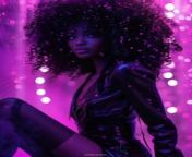 Prompt Midjourney : full body hyper realistic digital painting of an African American woman with long curly hair, wearing black high heels and a short leather dress against a purple glow background with white lighting and pink highlights. Purple lights are in her big afro hair in the style of digital art. --ar 51:64 --style raw --s 250 --v 6.0