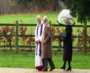 King Charles and Queen Camilla wave to onlookers as they depart St Mary Magdalene Church in Sandringham after attending Sunday service. Report by Blairm. Like us on Facebook at http://www.facebook.com/itn and follow us on Twitter at http://twitter.com/itn