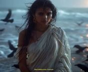 Prompt Midjourney : photography shot of a beautiful indian woman wearing white saree in visakhapatnam beach, lightning, rainy weather, dark atmosphere, ravens flying, scary sceen, frightening, highly detailed, hyper realistic, Captured with a Canon EOS 5D Mark IV, Kodak Portra 400 film --s 750 --v 6.0