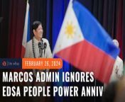 Neither President Ferdinand Marcos Jr. nor Malacañang issue a statement to recognize the anniversary of the EDSA People Power Revolution on Sunday, February 25.&#60;br/&#62;&#60;br/&#62;Full story: https://www.rappler.com/newsbreak/inside-track/marcos-government-offers-muted-celebration-edsa-people-power-anniversary-2024/