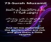 Surah Al-Muzammil, Ayat 11-15 by Syed Saleem Bukhari&#60;br/&#62;&#60;br/&#62;Surah Muzzammil is the seventy-third surah of the Holy Quran. It contains 20 verses. It’s split between Mecca and Madina as most of its ayat were revealed in Mecca and the last ayats were revealed in Madina. It has 2 rukhs. Surah Muzammil contains 200 words. The word Muzzammil means “THE ENSHROUDED ONES “.The main theme of surah al Muzzammil is “ADAM AND HIS SUPERIORITY OVER ANGELS”. This surah explains that sovereignty only belongs to Allah. It also explains the importance of zakat. &#60;br/&#62;Note on the Arabic text: - While every effort has been made for the Arabic text to be correct, it has been copied from AlQuran.info, however due to software restrictions and Arabic font issues there may be errors in ayahs, for which we seek Allah’s forgiveness.&#60;br/&#62;