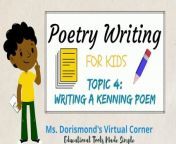 So, you know what poetry is. Great! But, have you ever wondered what a Kenning Poem is? This video is called Writing a Kenning Poem and is Topic 4 of the series Poetry Writing for Kids. In this video you will learn what a Kenning poem is, the elements of Kenning poetry, and the structure of a Kenning poem. Watch this video to learn how you can write a Kenning poem from start to finish!&#60;br/&#62;&#60;br/&#62;This video is part of the 13-part Poetry Writing for Kids series for Grades K-5. You will learn what poetry writing is, why authors write poems, the elements of poetry, and how to identify the different forms of poetry. Let&#39;s get started! &#60;br/&#62;&#60;br/&#62;This video resource can be used for a Poetry Writing curriculum in grades K-5.&#60;br/&#62;&#60;br/&#62;*********************&#60;br/&#62; Thank you for visiting Ms. Dorismond&#39;s Virtual Corner, where you can find Educational Tools Made Simple!&#60;br/&#62;&#60;br/&#62; PURCHASE EDUCATIONAL RESOURCES HERE!: https://bit.ly/30UHcLX&#60;br/&#62;&#60;br/&#62; JOIN MY EMAIL LIST HERE! - https://bit.ly/3E3w3GB&#60;br/&#62;&#60;br/&#62; SOCIAL LINKS&#60;br/&#62;My Blog - http://msdorismondsvirtualcorner.com/&#60;br/&#62;Facebook - https://bit.ly/2ZK7Y9c&#60;br/&#62;Instagram - https://www.instagram.com/MsDorismondsVirtualCorner/&#60;br/&#62;LinkTree - https://linktr.ee/msdorismondsvirtualcorner&#60;br/&#62;&#60;br/&#62; DISCLAIMER: Links included in this description might be affiliate links. If you purchase a product or service with the links that I provide I may receive a small commission. There is no additional charge to you! Thank you for supporting my channel so I can continue to provide you with free content!&#60;br/&#62;&#60;br/&#62;#howtowriteapoem #kenningpoemforkids #writingakenningpoem #msdorismondsvirtualcorner #teachermadevideos