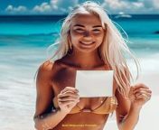 Prompt Midjourney : a full view of a A white skin european woman. her hair is light white platinum. Her skin is partially wet from just being on beach water. She is holding a very small square blank white paper with 1 hand. The background is white sanded beach with blue waters. She is wearing beach outfit. She is smiling as she is holding the blank piece of white paper. --v 6.0 --style raw