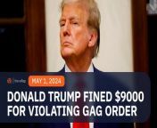 Donald Trump is fined &#36;9000 for contempt of court on Tuesday, April 30, for violating a gag order imposed by the judge overseeing his criminal hush money trial.&#60;br/&#62;&#60;br/&#62;Full story: https://www.rappler.com/world/us-canada/judge-fines-donald-trump-violating-gag-order-new-york-hush-money-trial-april-2024/&#60;br/&#62;