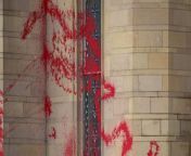 Shocking pictures show Manchester University’s 137-year-old museum daubed with blood-red paint - in the shadow of a pro-Palestine student camp.&#60;br/&#62;&#60;br/&#62;The museum, which dates back to 1887, was heavily vandalized across its frontage with vibrant emulsion in the early hours of this morning (Monday).&#60;br/&#62;&#60;br/&#62;Photos showed the university&#39;s ancient sandstone Queen’s Arch, designed by famed architect Alfred Waterhouse, was also daubed with the distinctive pigment.&#60;br/&#62;&#60;br/&#62;No one has yet claimed responsibility for the damage, but Manchester University said it handed over CCTV footage to police who are now investigating the incident.&#60;br/&#62;&#60;br/&#62;The defaced building is just opposite a large encampment of Pro-Palestine supporters, who are staging an occupation in solidarity with the war-ravaged nation.&#60;br/&#62;&#60;br/&#62;The pro-Palestine demo - which started at uni campuses in the US - have recently sprung up at about a dozen universities across the UK, including Manchester.&#60;br/&#62;&#60;br/&#62;Protestors say they&#39;re urging the institutions to fully disclose investments, cut academic ties with Israel and divest from businesses linked to Israel.&#60;br/&#62;&#60;br/&#62;In November, the uni issued a statement denying it had any involvement with the Israeli defence sector.&#60;br/&#62;&#60;br/&#62;A spokesperson said of today&#39;s vandalism: “In the early hours of the morning, 13 May, the University and Manchester Museum were subject to an act of criminal vandalism. &#60;br/&#62;&#60;br/&#62;“If you are coming on to campus today, you may see that there has been some criminal damage primarily to the Manchester Museum and Queens Arch, with paint sprayed over part of the building early this morning. &#60;br/&#62;&#60;br/&#62;“We have CCTV footage of the incident and are working with Greater Manchester Police who are investigating the incident. &#60;br/&#62;&#60;br/&#62;&#92;