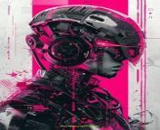 Prompt Midjourney : Overlay Japanese type. A poster with a cyborg, cyberpunk art by Maciej Kuciara, cgsociety, deconstructivism, darksynth, behance hd, dystopian art, grey, vibrant puple, black, pink --ar 3:4